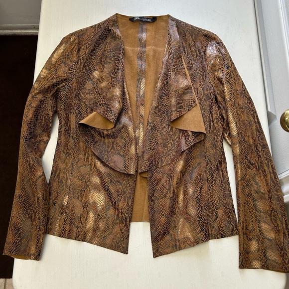 Zara Brown Snake Print Faux Suede Blazer Jacket Open Waterfall Collar Small - Picture 12 of 16